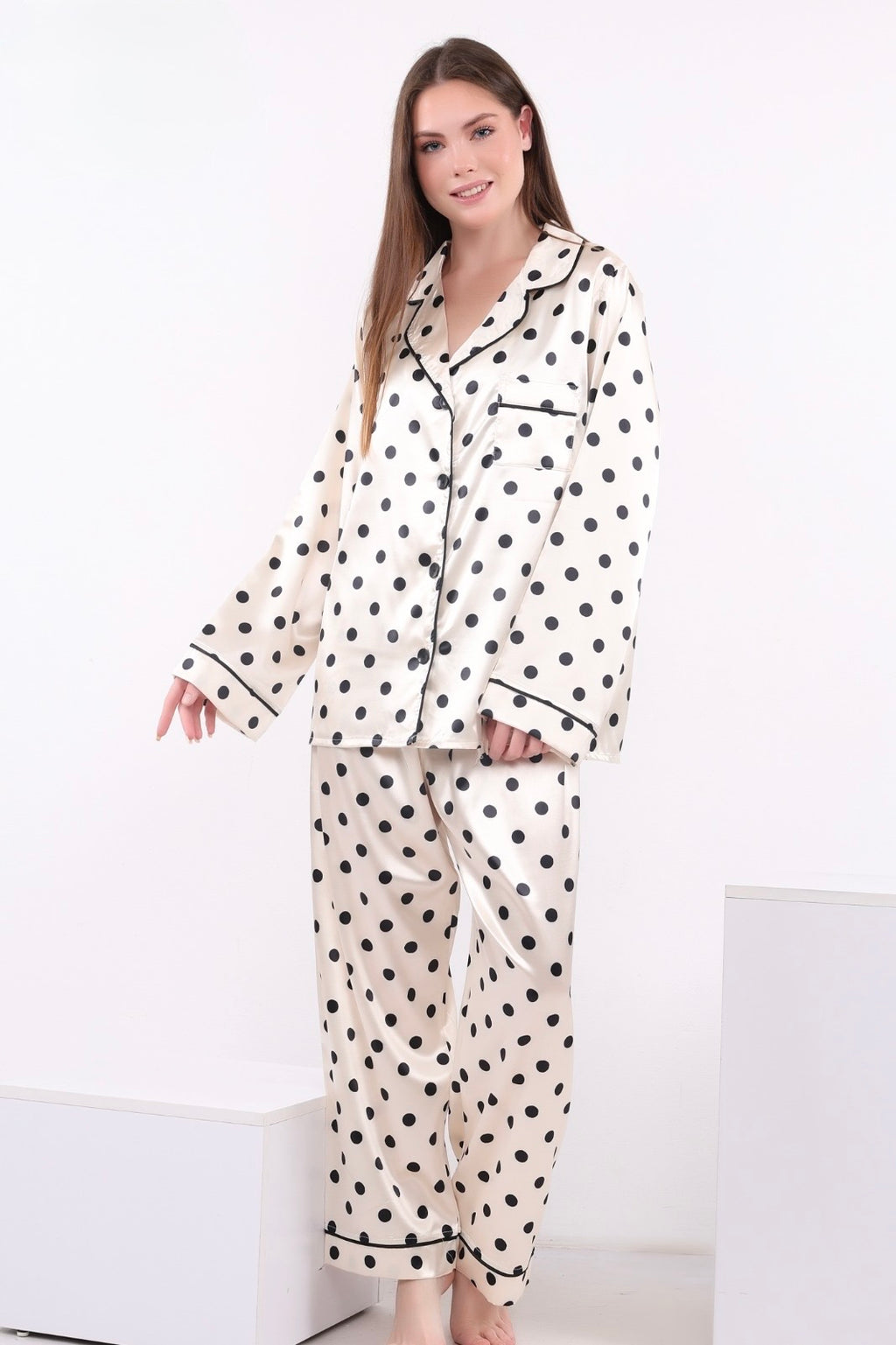 Polka Satin Pajama - Beige