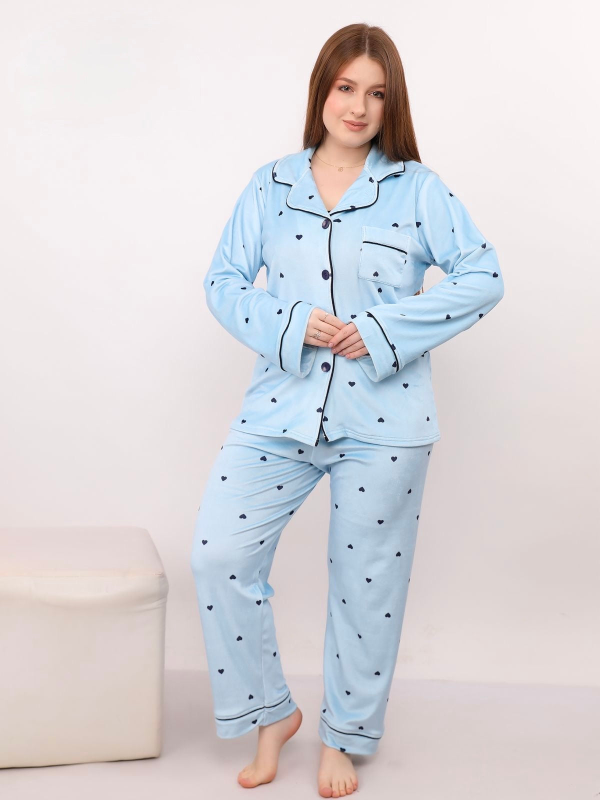 Cozy Hearts Pajama - Light blue