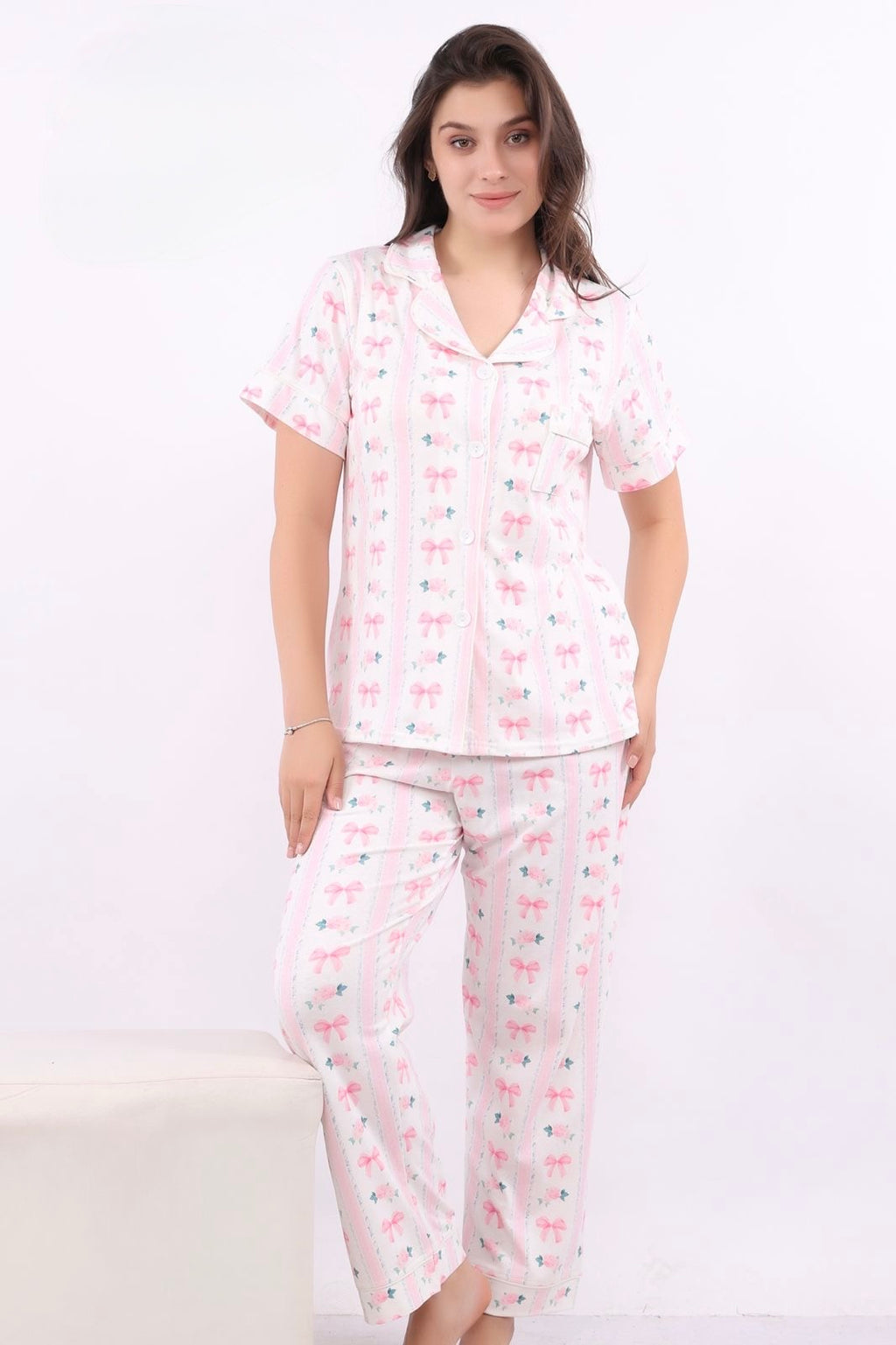 Blush Bows Cotton Pajama - Pink