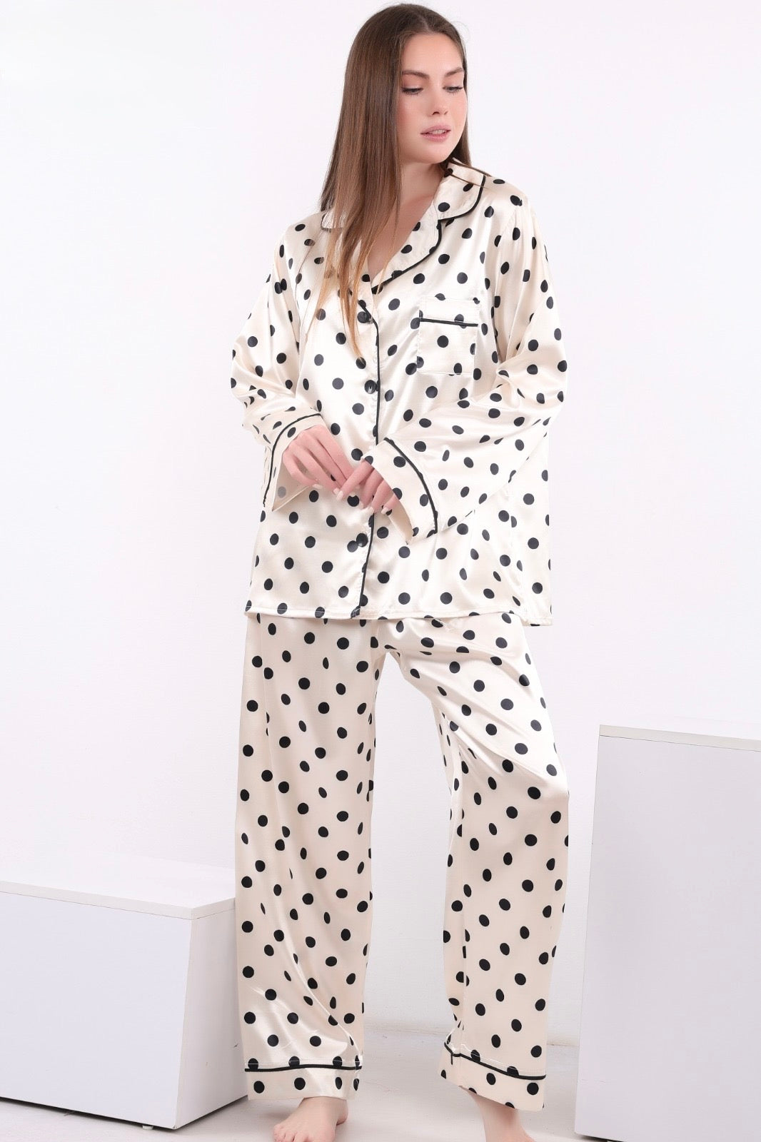 Polka Satin Pajama - Beige