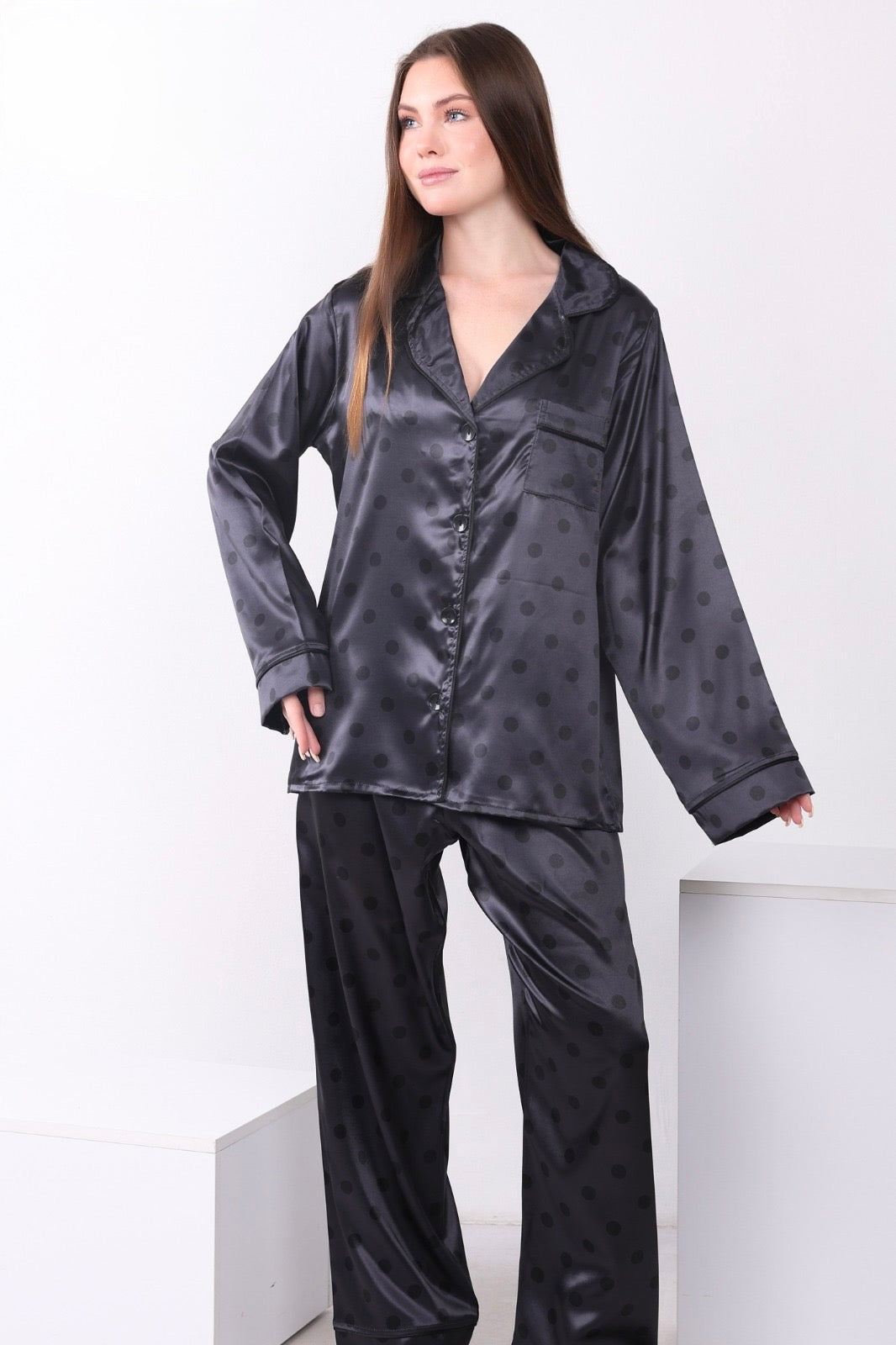Polka Satin Pajama - Black
