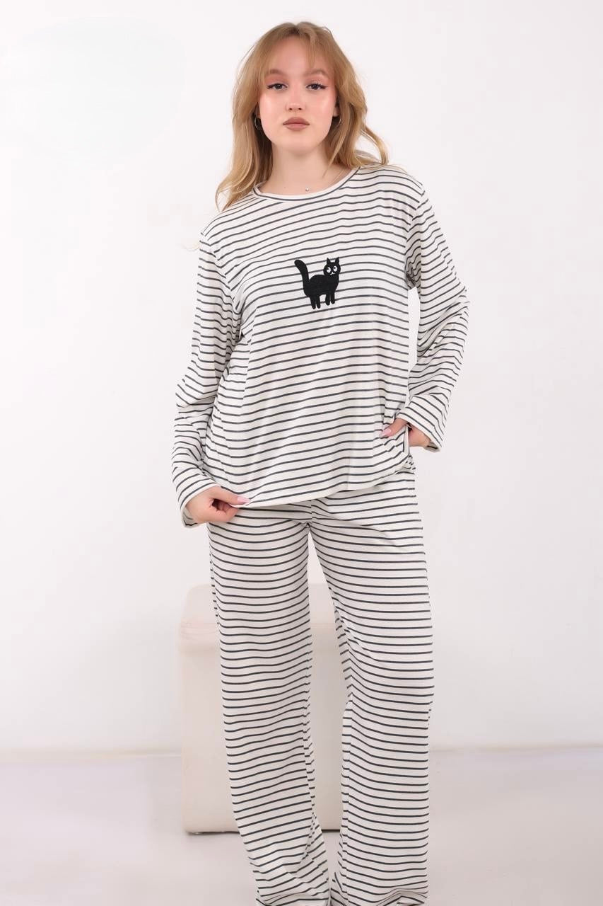 Cat Stripe Pajama - Black