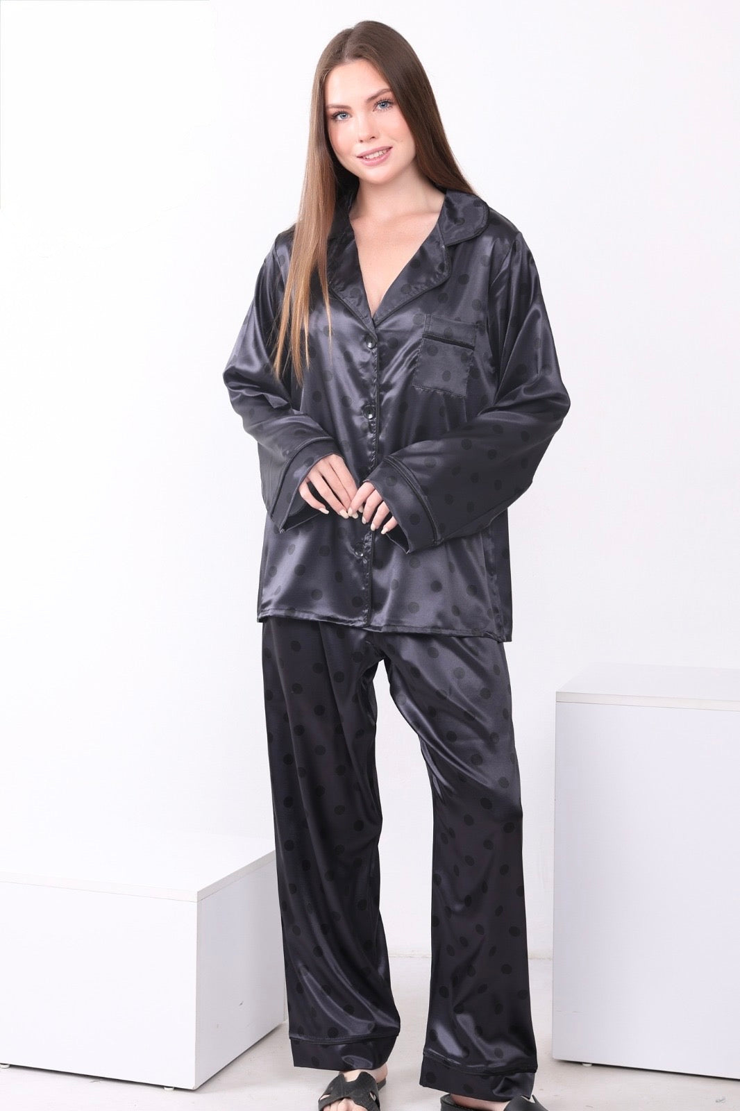 Polka Satin Pajama - Black