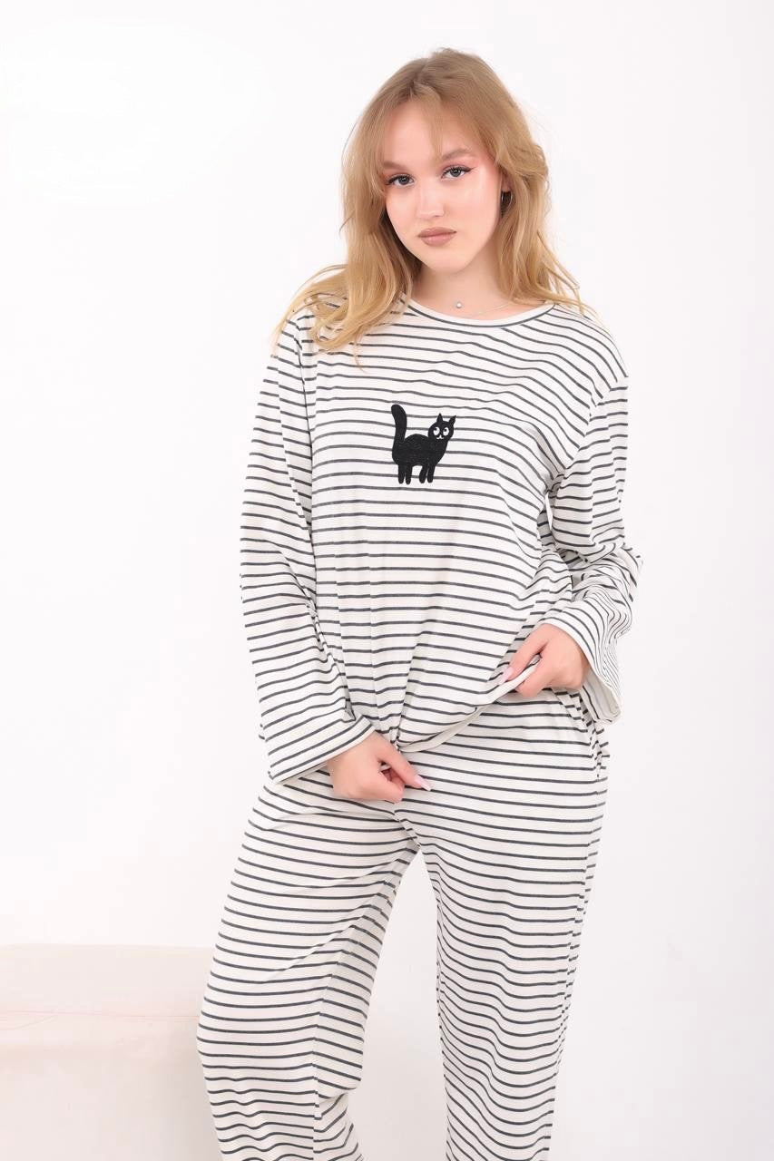Cat Stripe Pajama - Black